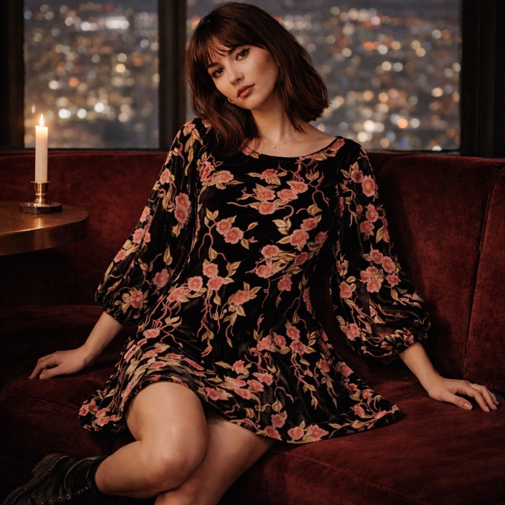 JESSICA HOWARD Black Velvet Burnout Floral Balloon Sleeve‎ Dress 90s Y2K 12